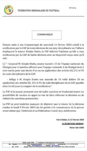 Après l'élimination du Sénégal en huitièmes de finale de la Can 2023 contre la Côte d'Ivoire, l'international sénégalais, Krépin Diatta, avait été très acerbe avec les arbitres. La Confédération africaine de football (Caf) vient de le suspendre pour quatre matchs. Voici le communiqué de la Fédération sénégalaise de football (Fsf) qui prend acte de la décision.