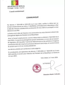 Le Conseil constitutionnel sénégalais s'est aligné derrière la date du 24 mars pour la tenue de la Présidentielle