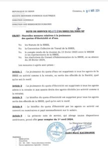 Communiqué DG Sbee réglementant le quota d'eau et d'électricité par agent
